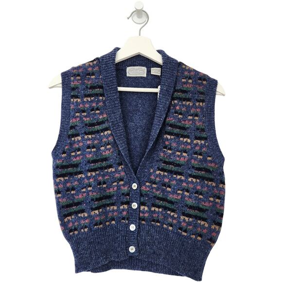 Vintage 70s The Villager Blue Fair Isle Knit Wool Sweater Vest Collared 80s S - Picture 1 of 8